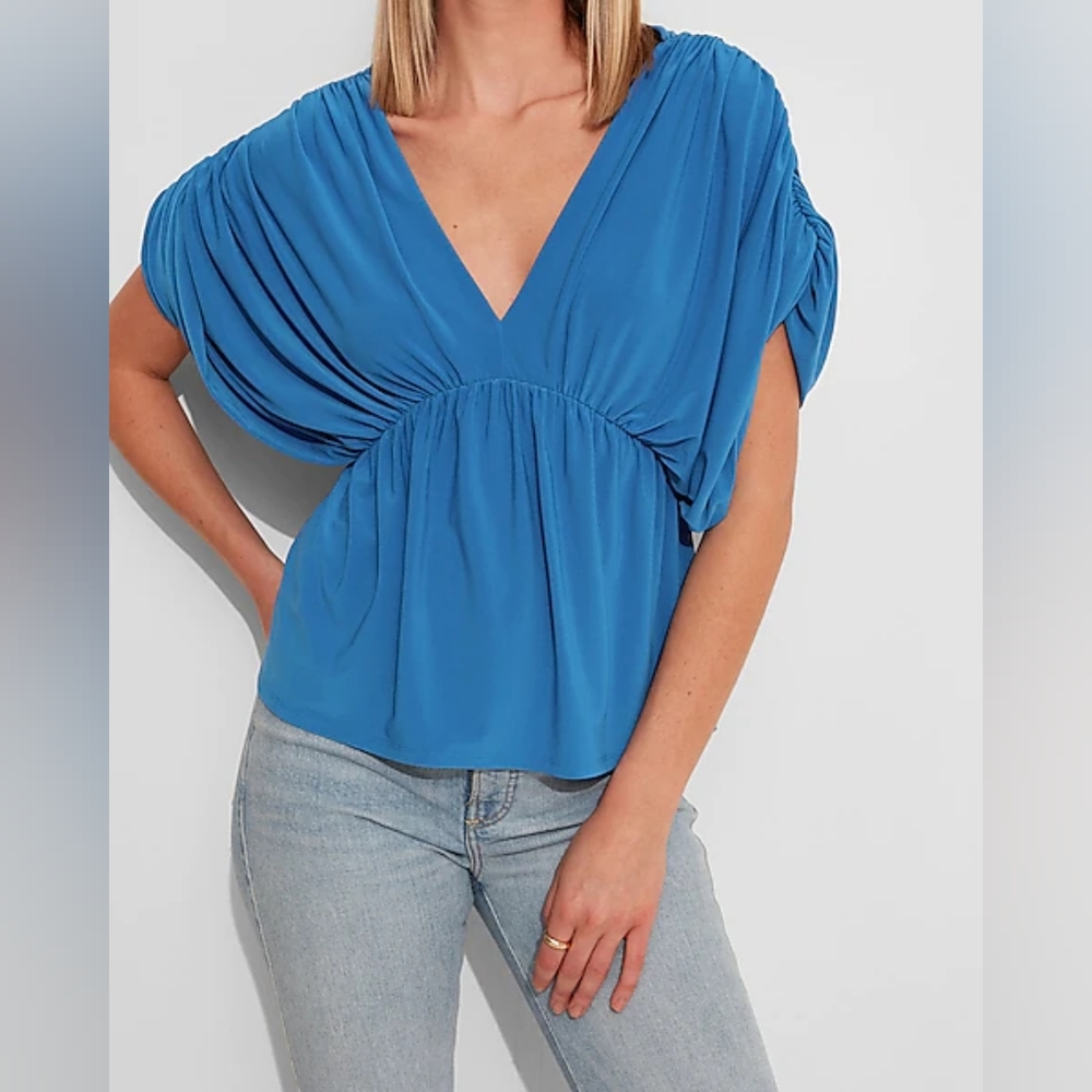 Deep V-Neck Short Sleeve Draped Peplum Top
